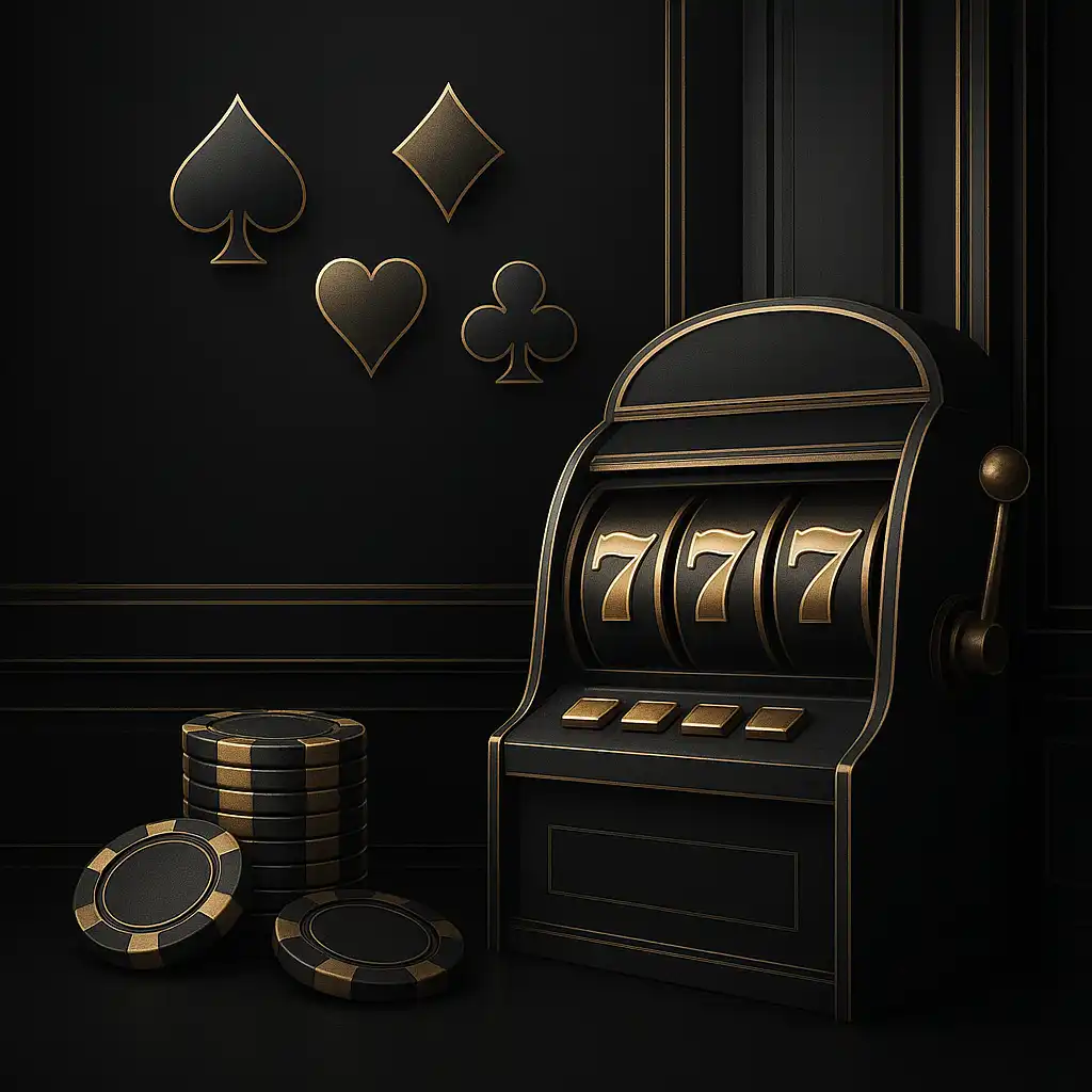 Illustration of a sophisticated black and gold casino lobby with slot reels and chips