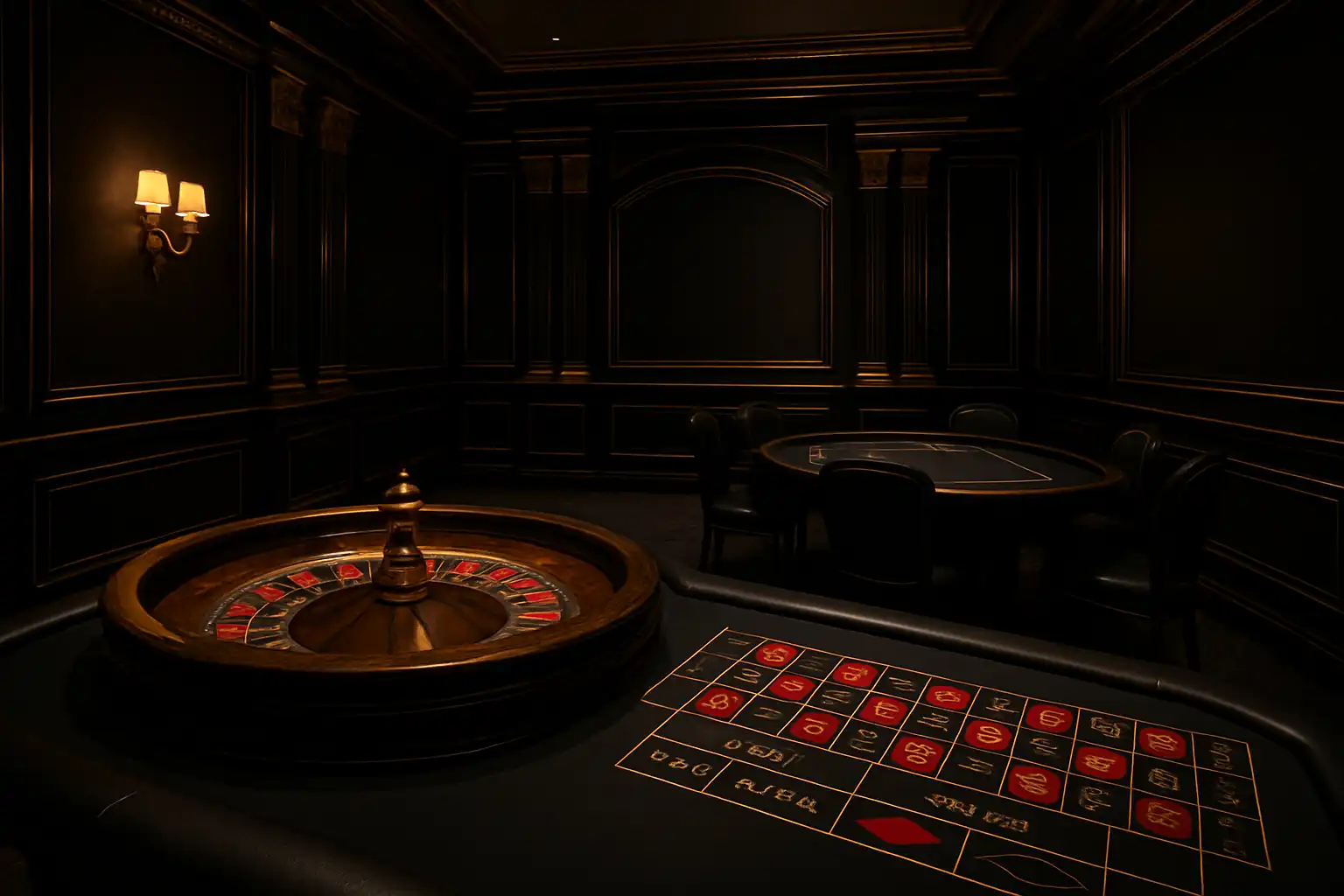 Elegant black and gold casino interior with a roulette wheel and card table