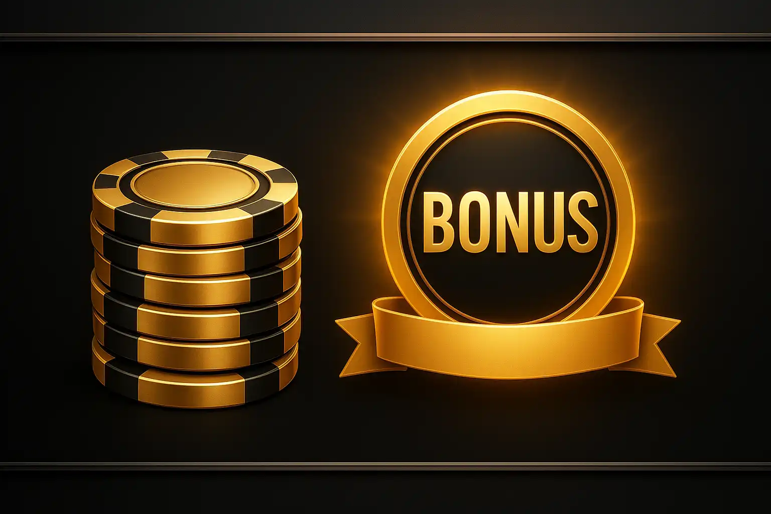 Stack of gold casino chips next to a glowing bonus badge