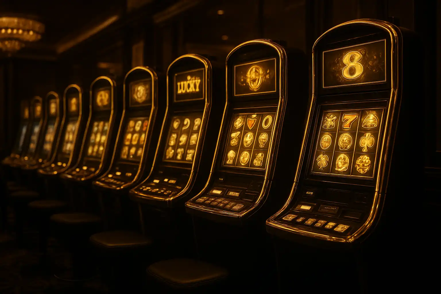 Row of glowing slot machines with gold and black reels in a luxury casino